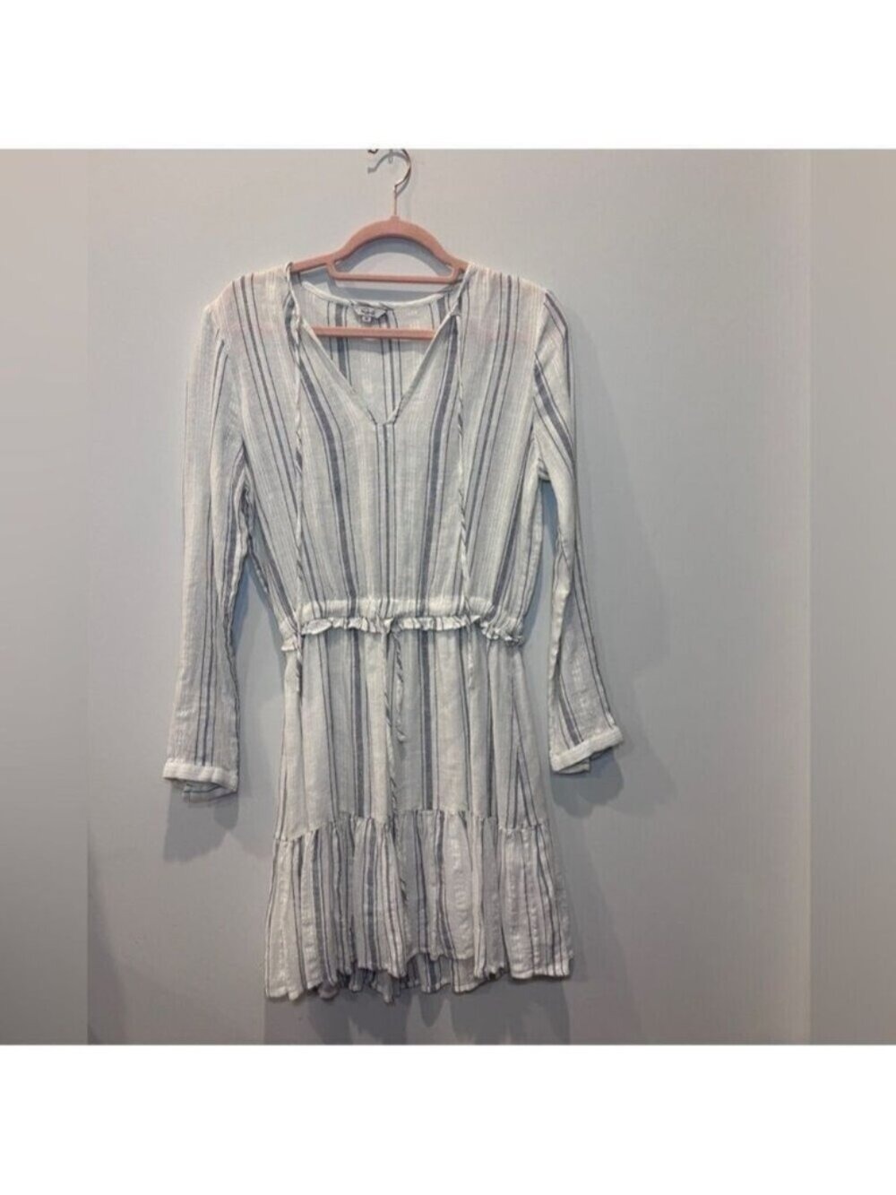 Rails Striped Mini Dress Cream Gray Blue Long Sleeve Cinched Waist XS 0472 - Picture 2 of 9